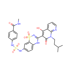 CNC(=O)c1ccc(NS(=O)(=O)Nc2ccc3c(c2)S(=O)(=O)N=C(c2c(O)c4cccnc4n(CCC(C)C)c2=O)N3)cc1 ZINC000150541038