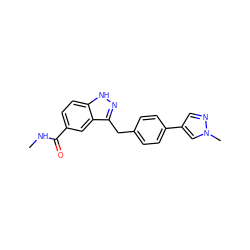 CNC(=O)c1ccc2[nH]nc(Cc3ccc(-c4cnn(C)c4)cc3)c2c1 ZINC000653722037