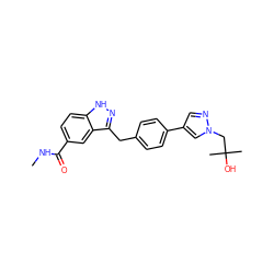 CNC(=O)c1ccc2[nH]nc(Cc3ccc(-c4cnn(CC(C)(C)O)c4)cc3)c2c1 ZINC000653722024