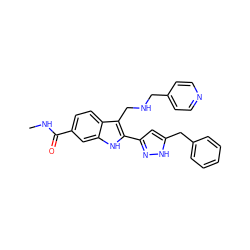 CNC(=O)c1ccc2c(CNCc3ccncc3)c(-c3cc(Cc4ccccc4)[nH]n3)[nH]c2c1 ZINC000049808074