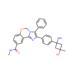 CNC(=O)c1ccc2c(c1)-c1nc(-c3ccc(C4(N)CC(C)(O)C4)cc3)c(-c3ccccc3)n1CO2 ZINC000169703903