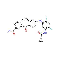 CNC(=O)c1ccc2c(c1)C(=O)c1ccc(Nc3cc(NC(=O)C4CC4)c(F)cc3F)cc1CC2 ZINC001772605663