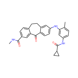 CNC(=O)c1ccc2c(c1)C(=O)c1ccc(Nc3cc(NC(=O)C4CC4)ccc3C)cc1CC2 ZINC001772627881