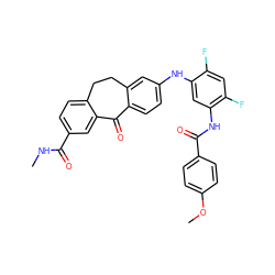 CNC(=O)c1ccc2c(c1)C(=O)c1ccc(Nc3cc(NC(=O)c4ccc(OC)cc4)c(F)cc3F)cc1CC2 ZINC001772643344