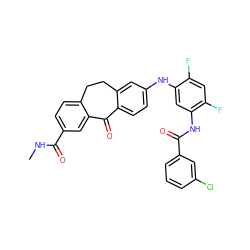 CNC(=O)c1ccc2c(c1)C(=O)c1ccc(Nc3cc(NC(=O)c4cccc(Cl)c4)c(F)cc3F)cc1CC2 ZINC001772619842