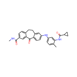 CNC(=O)c1ccc2c(c1)C(=O)c1ccc(Nc3ccc(C)c(NC(=O)C4CC4)c3)cc1CC2 ZINC001772646015