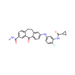 CNC(=O)c1ccc2c(c1)C(=O)c1ccc(Nc3ccc(F)c(NC(=O)C4CC4)c3)cc1CC2 ZINC001772579878