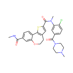 CNC(=O)c1ccc2c(c1)OCCc1cc(C(=O)N(C)c3cc(C(=O)N4CCN(C)CC4)ccc3Cl)sc1-2 ZINC000082159006