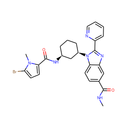 CNC(=O)c1ccc2c(c1)nc(-c1ccccn1)n2[C@@H]1CCC[C@H](NC(=O)c2ccc(Br)n2C)C1 ZINC000653829301