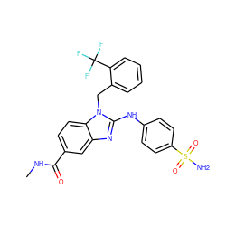 CNC(=O)c1ccc2c(c1)nc(Nc1ccc(S(N)(=O)=O)cc1)n2Cc1ccccc1C(F)(F)F ZINC000043012207