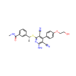 CNC(=O)c1cccc([C@@H](C)Sc2nc(N)c(C#N)c(-c3ccc(OCCO)cc3)c2C#N)c1 ZINC000113377685