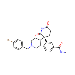 CNC(=O)c1cccc([C@]2(C3CCN(Cc4ccc(Br)cc4)CC3)CCC(=O)NC2=O)c1 ZINC000040860645