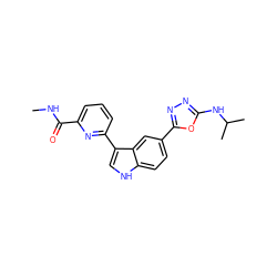 CNC(=O)c1cccc(-c2c[nH]c3ccc(-c4nnc(NC(C)C)o4)cc23)n1 ZINC000204779426