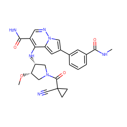 CNC(=O)c1cccc(-c2cc3c(N[C@@H]4CN(C(=O)C5(C#N)CC5)C[C@@H]4OC)c(C(N)=O)cnn3c2)c1 ZINC000261075030