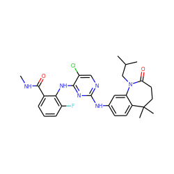 CNC(=O)c1cccc(F)c1Nc1nc(Nc2ccc3c(c2)N(CC(C)C)C(=O)CCC3(C)C)ncc1Cl ZINC000070690115