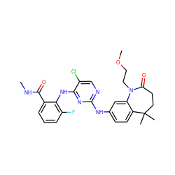 CNC(=O)c1cccc(F)c1Nc1nc(Nc2ccc3c(c2)N(CCOC)C(=O)CCC3(C)C)ncc1Cl ZINC000066251676