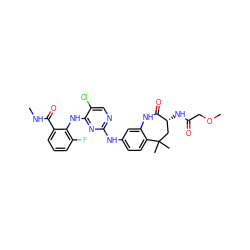 CNC(=O)c1cccc(F)c1Nc1nc(Nc2ccc3c(c2)NC(=O)[C@H](NC(=O)COC)CC3(C)C)ncc1Cl ZINC000073163980