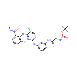 CNC(=O)c1cccc(F)c1Nc1nc(Nc2cccc(NC(=O)CNC(=O)OC(C)(C)C)c2)ncc1Cl ZINC000299840153