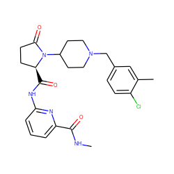 CNC(=O)c1cccc(NC(=O)[C@H]2CCC(=O)N2C2CCN(Cc3ccc(Cl)c(C)c3)CC2)n1 ZINC000116817242