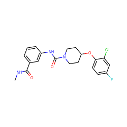 CNC(=O)c1cccc(NC(=O)N2CCC(Oc3ccc(F)cc3Cl)CC2)c1 ZINC000040893922