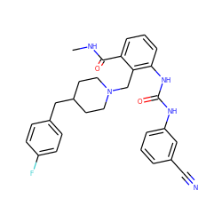 CNC(=O)c1cccc(NC(=O)Nc2cccc(C#N)c2)c1CN1CCC(Cc2ccc(F)cc2)CC1 ZINC000000588830