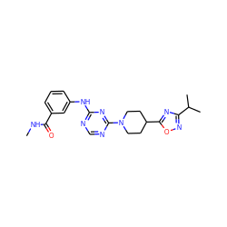 CNC(=O)c1cccc(Nc2ncnc(N3CCC(c4nc(C(C)C)no4)CC3)n2)c1 ZINC001772617649