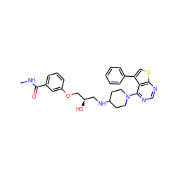 CNC(=O)c1cccc(OC[C@H](O)CNC2CCN(c3ncnc4scc(-c5ccccc5)c34)CC2)c1 ZINC000064548767