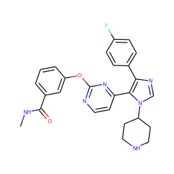 CNC(=O)c1cccc(Oc2nccc(-c3c(-c4ccc(F)cc4)ncn3C3CCNCC3)n2)c1 ZINC000036127112