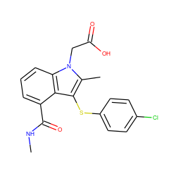 CNC(=O)c1cccc2c1c(Sc1ccc(Cl)cc1)c(C)n2CC(=O)O ZINC000073196391