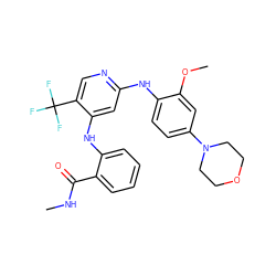 CNC(=O)c1ccccc1Nc1cc(Nc2ccc(N3CCOCC3)cc2OC)ncc1C(F)(F)F ZINC000043207772