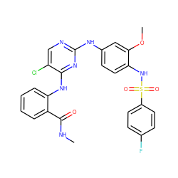 CNC(=O)c1ccccc1Nc1nc(Nc2ccc(NS(=O)(=O)c3ccc(F)cc3)c(OC)c2)ncc1Cl ZINC001772632691