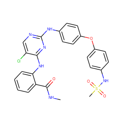 CNC(=O)c1ccccc1Nc1nc(Nc2ccc(Oc3ccc(NS(C)(=O)=O)cc3)cc2)ncc1Cl ZINC001772622061