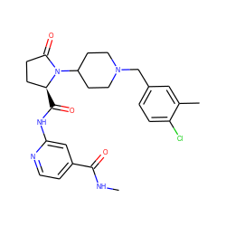 CNC(=O)c1ccnc(NC(=O)[C@H]2CCC(=O)N2C2CCN(Cc3ccc(Cl)c(C)c3)CC2)c1 ZINC000116815898