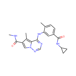 CNC(=O)c1cn2ncnc(Nc3cc(C(=O)NC4CC4)ccc3C)c2c1C ZINC000064621986