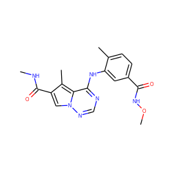 CNC(=O)c1cn2ncnc(Nc3cc(C(=O)NOC)ccc3C)c2c1C ZINC000014974218