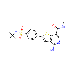 CNC(=O)c1cnc(N)c2cc(-c3ccc(S(=O)(=O)NC(C)(C)C)cc3)sc12 ZINC000073224615