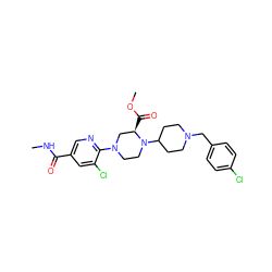 CNC(=O)c1cnc(N2CCN(C3CCN(Cc4ccc(Cl)cc4)CC3)[C@H](C(=O)OC)C2)c(Cl)c1 ZINC000066066511