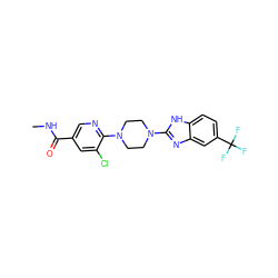 CNC(=O)c1cnc(N2CCN(c3nc4cc(C(F)(F)F)ccc4[nH]3)CC2)c(Cl)c1 ZINC000038157623