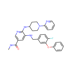 CNC(=O)c1cnc(NC2CCN(c3ccccn3)CC2)c(NCc2ccc(F)c(Oc3ccccc3)c2)c1 ZINC000584905490