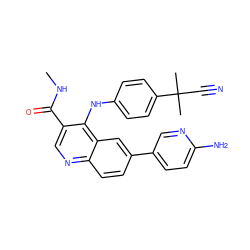 CNC(=O)c1cnc2ccc(-c3ccc(N)nc3)cc2c1Nc1ccc(C(C)(C)C#N)cc1 ZINC000653755625