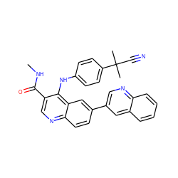 CNC(=O)c1cnc2ccc(-c3cnc4ccccc4c3)cc2c1Nc1ccc(C(C)(C)C#N)cc1 ZINC000653754330