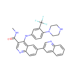 CNC(=O)c1cnc2ccc(-c3cnc4ccccc4c3)cc2c1Nc1ccc(N2CCNCC2)c(C(F)(F)F)c1 ZINC000653760889