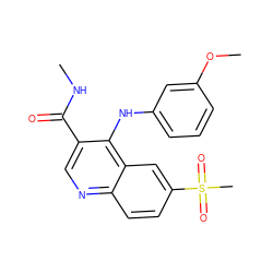 CNC(=O)c1cnc2ccc(S(C)(=O)=O)cc2c1Nc1cccc(OC)c1 ZINC000040913477