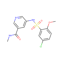 CNC(=O)c1cncc(NS(=O)(=O)c2cc(Cl)ccc2OC)c1 ZINC000220901218