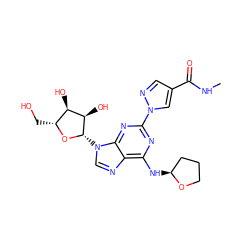 CNC(=O)c1cnn(-c2nc(N[C@H]3CCCO3)c3ncn([C@@H]4O[C@H](CO)[C@@H](O)[C@H]4O)c3n2)c1 ZINC000028817612