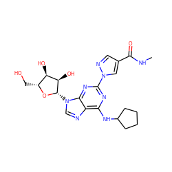 CNC(=O)c1cnn(-c2nc(NC3CCCC3)c3ncn([C@@H]4O[C@H](CO)[C@@H](O)[C@H]4O)c3n2)c1 ZINC000028817643