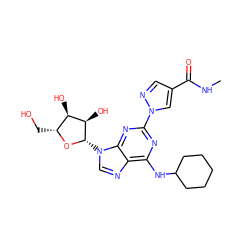 CNC(=O)c1cnn(-c2nc(NC3CCCCC3)c3ncn([C@@H]4O[C@H](CO)[C@@H](O)[C@H]4O)c3n2)c1 ZINC000028817674