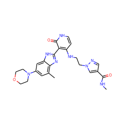 CNC(=O)c1cnn(CCNc2cc[nH]c(=O)c2-c2nc3c(C)cc(N4CCOCC4)cc3[nH]2)c1 ZINC000049071247