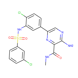 CNC(=O)c1nc(-c2ccc(Cl)c(NS(=O)(=O)c3cccc(Cl)c3)c2)cnc1N ZINC000095572988