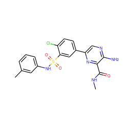 CNC(=O)c1nc(-c2ccc(Cl)c(S(=O)(=O)Nc3cccc(C)c3)c2)cnc1N ZINC000095572462